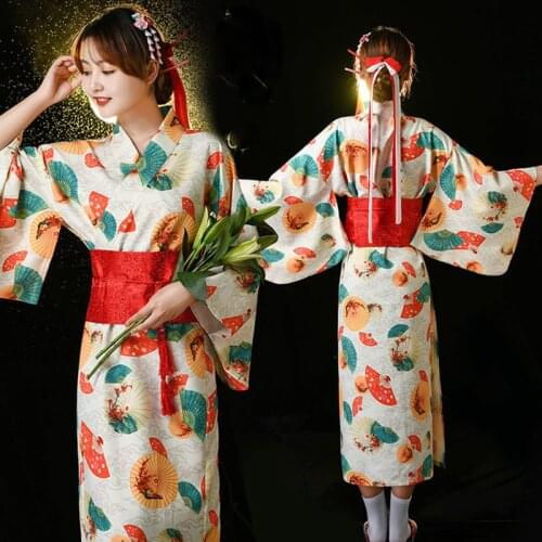 Kimono Japanese Traditional Clothing Anime Cosplay Costumes Fan Umbrella Printed Long Style Casual Young Girls Pajama Dresses