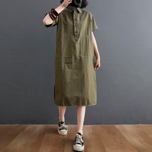 Korea Design Cotton Street Wear Fashion Preppy Style Blouse Dress Cotton Short Sleeve Loose Summer Dress Women Casual Midi Dress