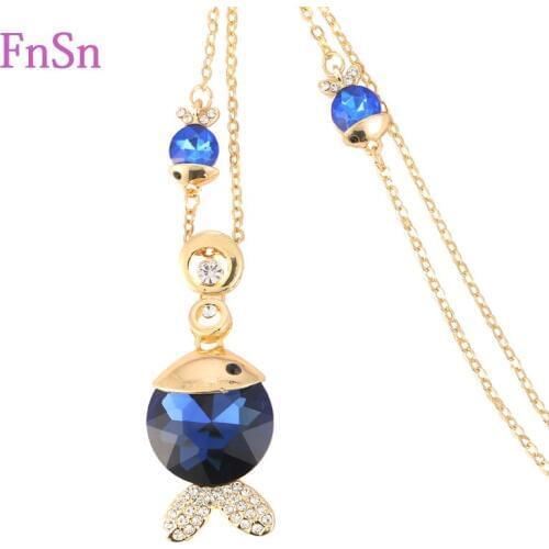 FnSn Fashion Necklace Women Gold Colour Zinc Alloy Fish Pendant Long Necklaces 2016 Hot Crystal Jewelry Necklace For Women Gift