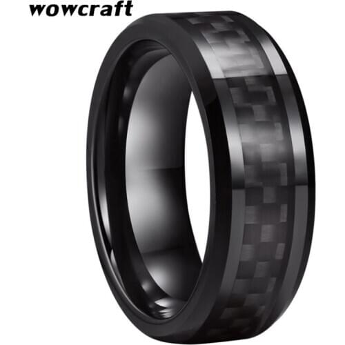 8mm Fashion Tungsten Carbide Rings for Men Black Carbon Fiber Inlay Beveled Edges Comfort Fit Wedding Bands No Engraving