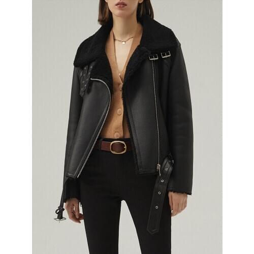 New Womens Shearling Jacket Black Leather Jacket Short Motorcycle Jacket Winter Fur Coat Natural Sheepskin Coat