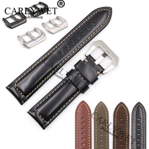 CARLYWET 22 24 26mm Black Brown Real Smooth Suede Leather Handmade Thick Wrist Watch Band Strap Belt