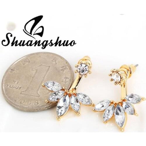 Shuangshuo Korean Fashion Women Elgant Rhinestone Leaf Ear-Jackets Bohemian Jewelry Crystal Leaves Stud Earrings Bijoux Femme