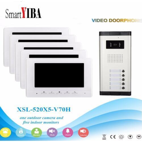 SmartYIBA New 7" Color Video Intercom Door Phone System 5 White Screens 1 Doorbell Camera for 5 House In Stock