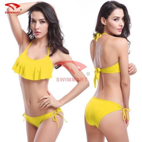 SWIMMART 2017 Sexy Women Swimsuit Lotus Leaf Side Bikini Set Bathing Suits Halter Strap Swimwear