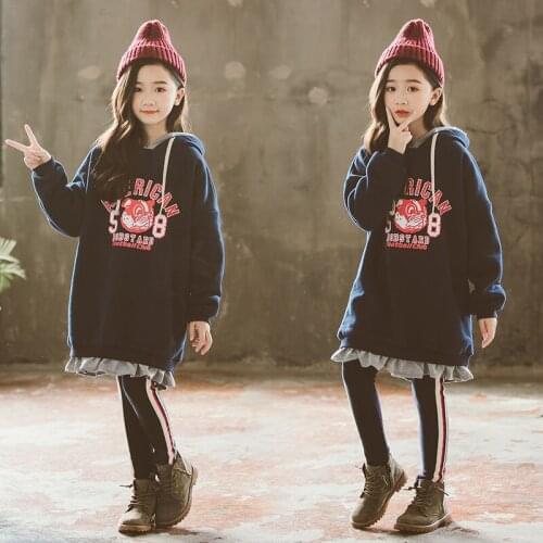 Girls' Hoodies Sweatshirts Kids Outwear 2021 Navy Blue Velvet Thicken Warm Winter Autumn Cotton Fleece Plus Size Childrens Clot