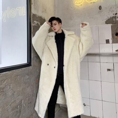 Streetwear Vintage Long Fur Jacket Overcoat Trench Men Winter Loose Thick Fake Lamb Windbreaker Coat Outerwear Male Women
