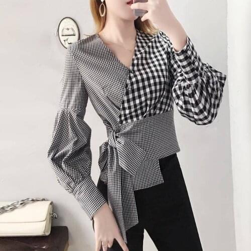 Bandage Bow Plaid Women Shirts Summer Design 2021 V-Neck Lantern Sleeved Slim Short Empired Elegant Office Lady Outwear Tops