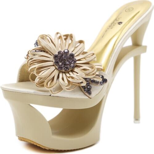 15cm Super High Heel Women Sandals Platform Hollow Summer Ladies Party Pumps Shoes Satin Diamond Chiffon Flower High Heels