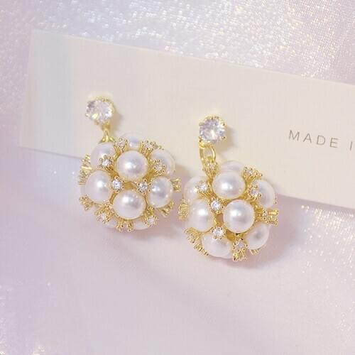 Korean Fashion 14k Real Gold Pearl Ball Earring for Women Romantic Inlaid Cubic Zircon Stud Earring Wedding Jewelry Pedant Gift