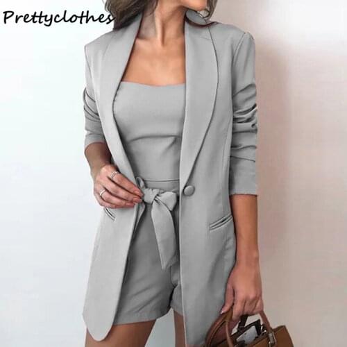 Womens Solid Color Slim Fashion Temperament Three-Piece Suit Female Elegant Office Long Sleeve Casual Ladies High Waist Suits