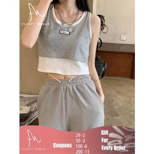 2021 Summer New Ladies Retro Crop Top High Waist Slimming Stretch Slim Short Sleeveless Bottoming Top Fake Two Pieces Tanks