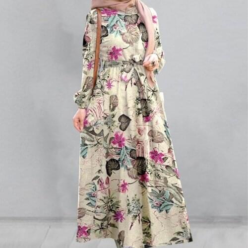Retro Floral Printed Maxi Dress Women Casual Sundress Female Abaya Dubai Hijab Muslim Dress Turkey Kaftan Islam Robe Vestidos