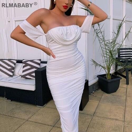 Summer Women White Plated Mesh Dress Off Shoulder Backless Bodycon Dress Slim Night Club Sexy Dress Elegant Party Long Dress
