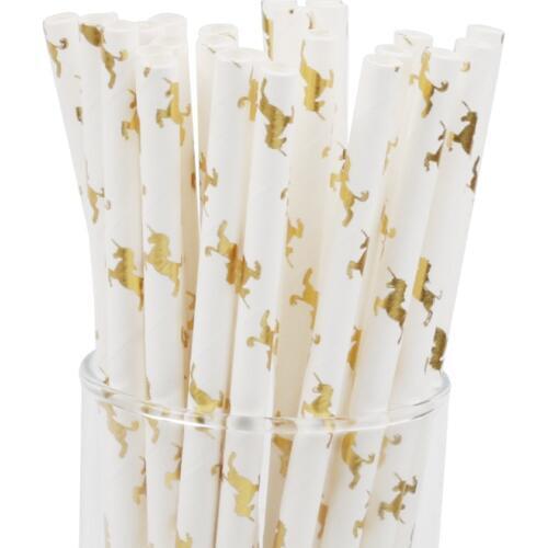 25pcs Glitter Gold Unicorn Paper Straws Biodegradable Drinking Straws Kids Birthday Party Baby Shower Party Decoration Supplies
