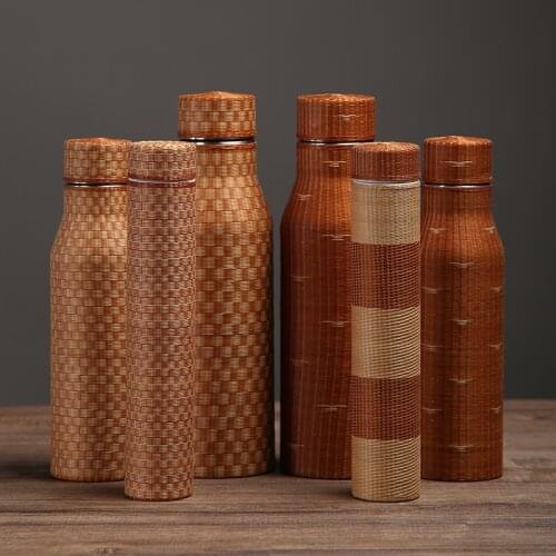 Stainless Steel Water Bottle Handmade Bamboo Thermos Cups Home Office Cups Outdoor Travel Flat Bottom Couple Gift Cup