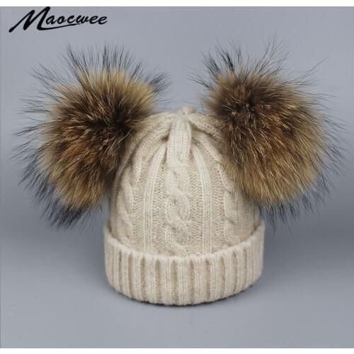 Children Real Fur Raccoon Pompom Hat Skullies Baby Boys Girls Winter Beanie Hats Wool Knitted Caps for Kids 0-3 years