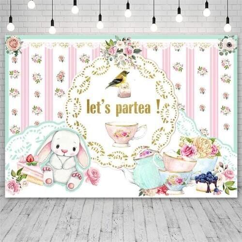 Avezano Photography Backgrounds Lets Partea Party Banner Rabbit Tea Set Flowers Backdrops Photo Studio Photocall Photozone Decor