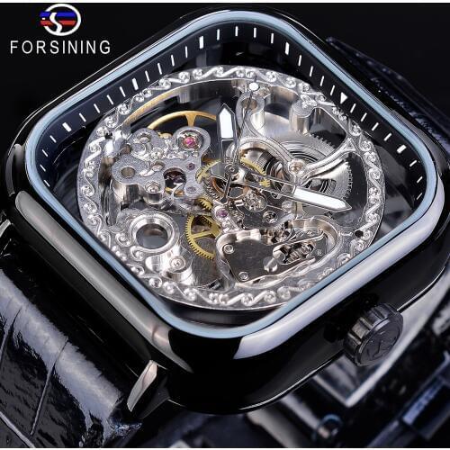 Forsining Transparent Automatic Gear Movement Leather Belt Business Fashion Casual Designer Automatic Wrist Watch Skeleton Clock