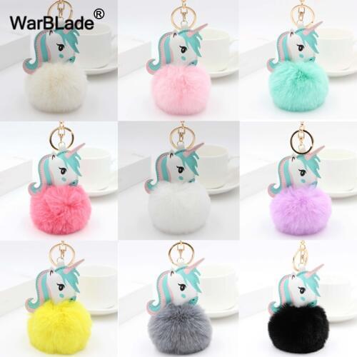 Hot Sale Pom Unicorn Keychain Fur Ball Horse Key chain porte clef holder fluffy pompon Bag Car Key Ring For Women Accessories