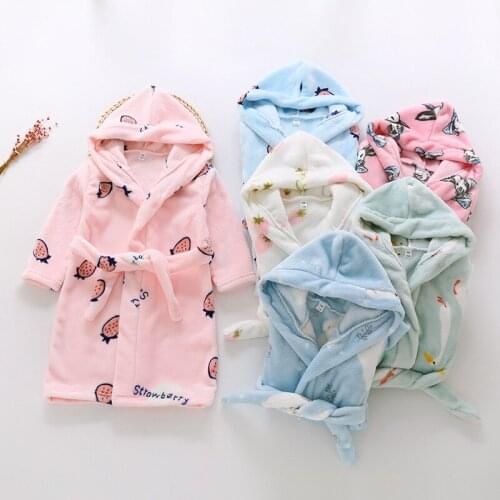 New Autumn Winter Kids Hooded Bathrobe Baby Bath Robes Boys Girls Cartoon Rabbit Rainbow Flannel Pajamas Long Sleeve Towel Robe