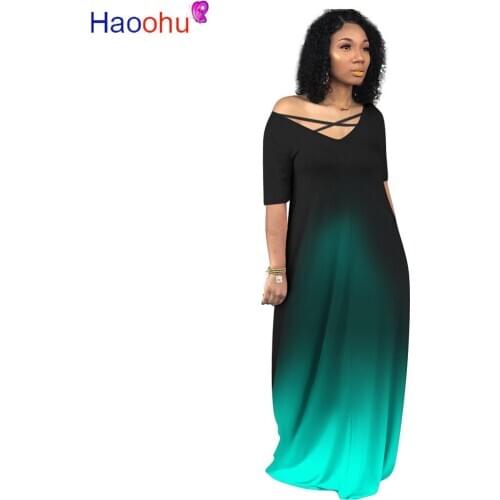 HAOOHU Women Short Sleeve Lace Up V-neck Gradient Cartoon Print Floor Length Maxi Dress Sexy Party Club Vintage Long Dresses