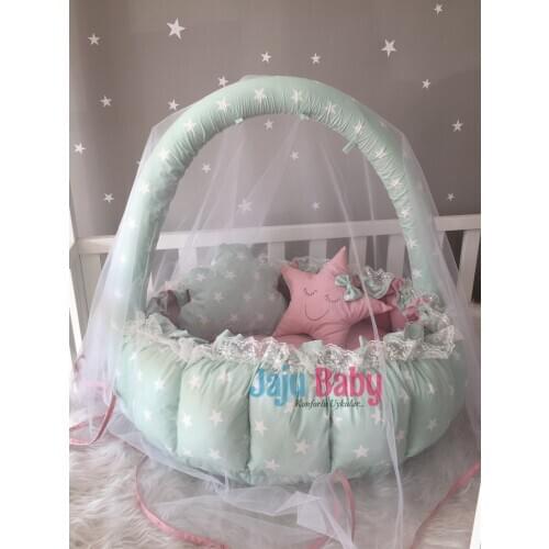 Jaju Baby Handmade Green Star Patterned Design Luxury Play Mat Babynest Mosquito Net Tulle Toy Kit Set
