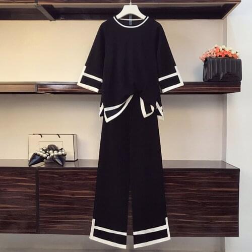 Summer Fall New Trend Knitted Color contrast Two piece sets Female Loose Pullover Tops and Wide leg Pants Twinset Outfits