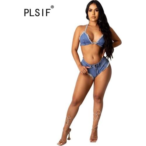 Young party women fashion blue bro and hot short 2 pieces set beach style lady fashion tracksuits sexy tight club set