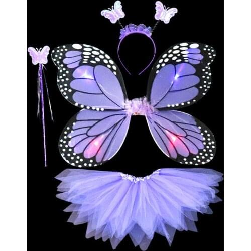 Adult Kids 4Pcs Fairy Costume Set LED Simulation Butterfly Pointed Tutu Skirt Headband Wand Princess Girls Party Up D5QB