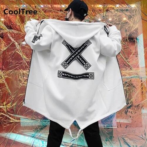 CoolTree Men Casual Jacket Spring Autumn Solid color Printing Long Hooded Windbreaker Male Harajuku Hip Hop Loose Outerwear Tops