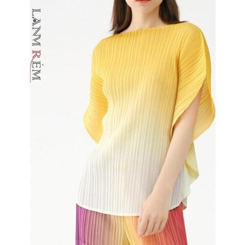 LANMREM Short Sleeve Contrast Color T-shirt Womens 2021 Summer New Simple Style Loose Round Neck Pleated Top Casual 2T1064