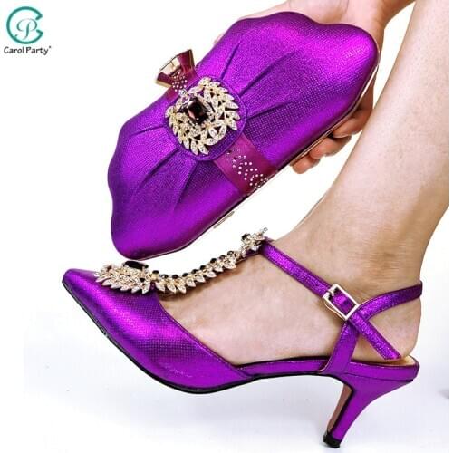 Hot Selling Italian Design 2021 Newest Fashion and Elegant Purple Color Crystal Style Noble Women Shoes and Bag Set for Party