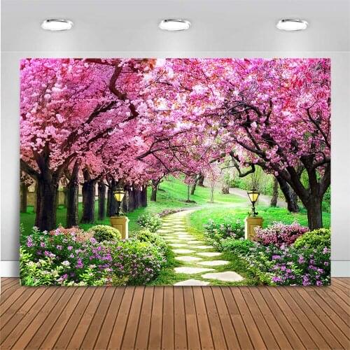 Mocsicka Spring Pink Floral Tree Backdrop for Photography Green Grass Wedding Baby Shower Background Natural Scenery Photo Booth