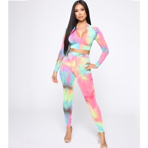 2020 Fall Winter Long Sleeve Tye Dye 2 Piece Sets Womens Outfits Sexy Bodycon Crop Tie Dye Two Piece Set Top and Pants Plus Size