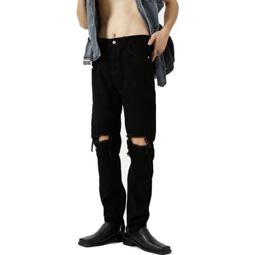 Fashion Mens Jeans Summer Korean Mens Jeans Slim Pencil Pants Youth Pants Black Hole Pants Trend Men Jeans Casual Denim Pants