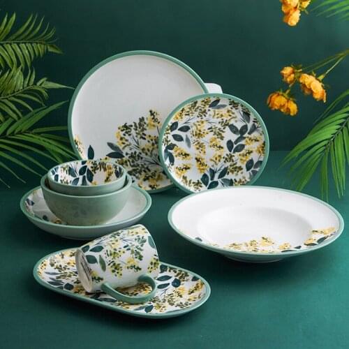 LingAo French pastoral style fresh flower ceramics, bowl, plate, soup plate, cup set