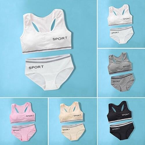 Girls Cotton Underwear Sets Training Bras Panties Kids Teens Students Bra Vest and Panties Wireless Girls Sports Bra 8-16Y