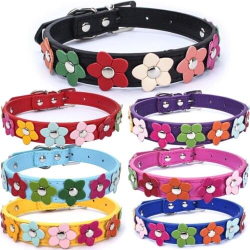 New Fashion PU Leather Dog Collar One Row Sun Flower Studded Small Dog Pet Teddy Necklace Collar