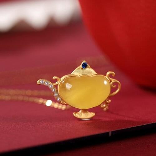 Natural 925 sterling silver gilt pearl amber retro individuality teapot pendants gold necklace luxury gold filled necklace