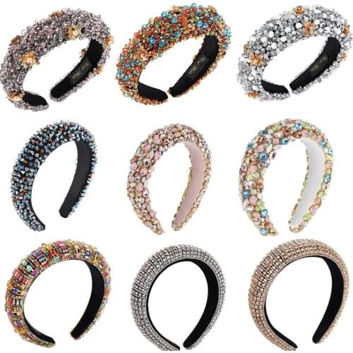 Luxury Rhinestone Headband Crystal Padded Baroque Hairband Wide Glitter Crystal Beaded Headbands for Women Girls
