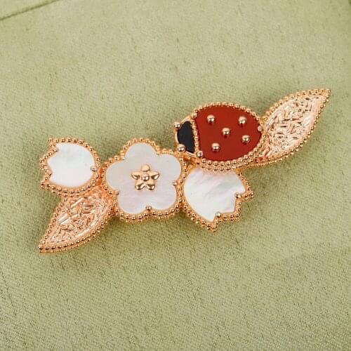 Luxury Brand Pure Top Quality 925 Silver Jewelry Lovely Ladybug Lucky Spring Design Cherry Leaf Mother Of Pearl Gemstone Brooch