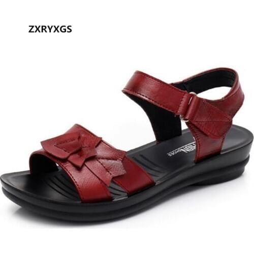 2020 New Summer Open Toe Middle-aged Women Sandal Shoes Flat Soft Comfort Genuine Leather Shoes Casual Fashion Mother Sandals
