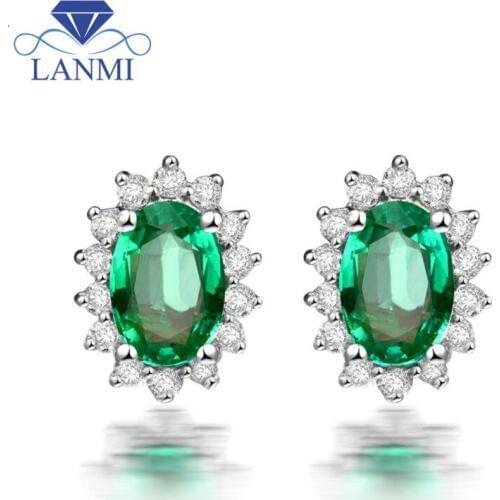 Genuine Emerald Stud Earring, Solid 18K White Gold Natural Diamond& Emerald Earrings For Women WE042
