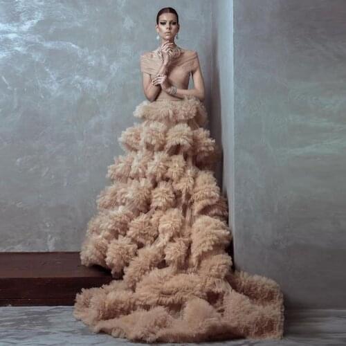 Gorgeous Champagne Ruffles Tulle Prom Gowns Elegant A-line Puffy Tulle Formal Party Dresses Women Bridal Dress