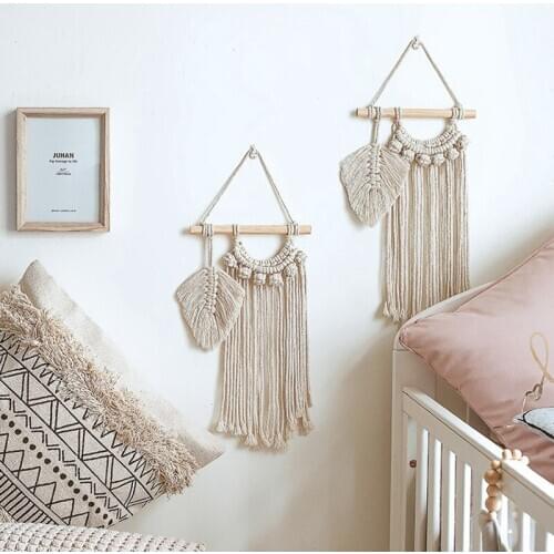 Nordic Cotton Thread Leaf Tassel Woven Tapestry Wall Scroll Feather Bead Ornaments Home Decor Wall Hanging Gift Wall Art