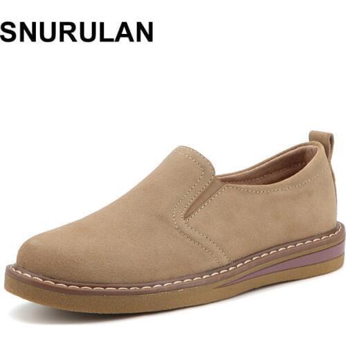 SNURULAN 2018 New Autumn women flats shoes women slip on loafers suede Genuine Leather shoes handmade Round Toe boat shoes E098