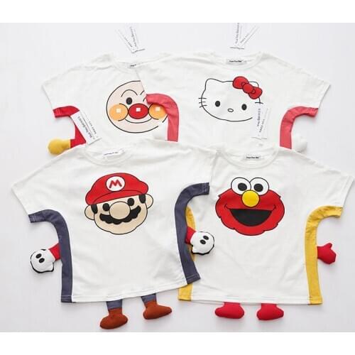 2020 Spring Summer Cartoon T-shirt For Kids Boys Girls Mario Kitty Cat Elmo Anpanman Short Sleeve Cosplay Cotton T-shirt Gift