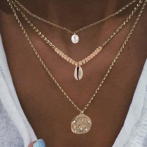 3 Pcs/Set Women Necklaces Beads Shells Pearls Rounds Flower Pendant Clavicle Chain Gold Necklace Bohemian Jewelry Gifts