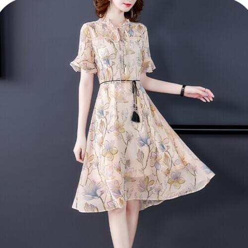 2021 Summer Vintage Mulberry Silk 2XL Plus Size Sundress Korea Printed Beach Midi Dresses Female Elegant Bodycon Party Vestidos